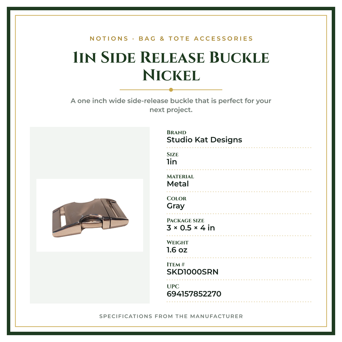 Product Specifications – 1in Side Release Buckle Nickel
