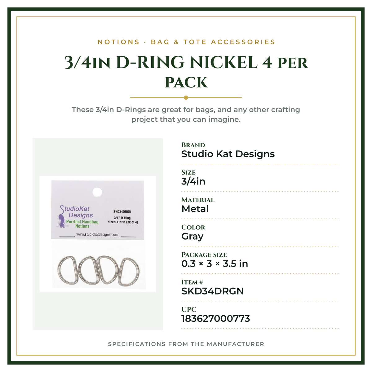 Product Specifications – 3/4in D-RING NICKEL 4 per pack
