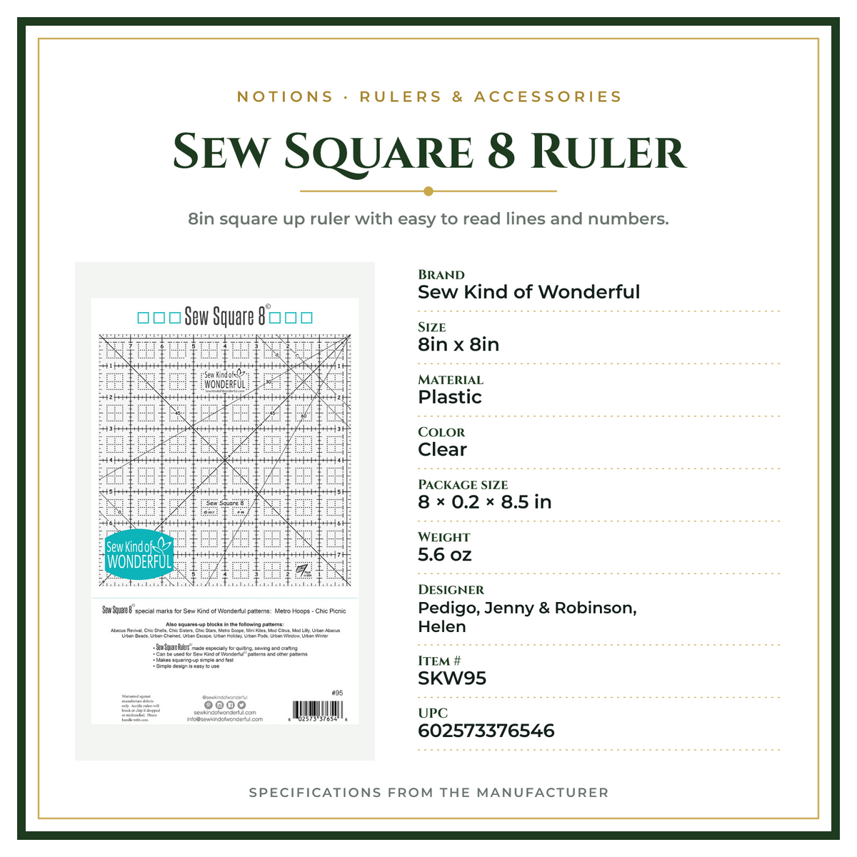 Product Specifications – Sew Square 8 Ruler