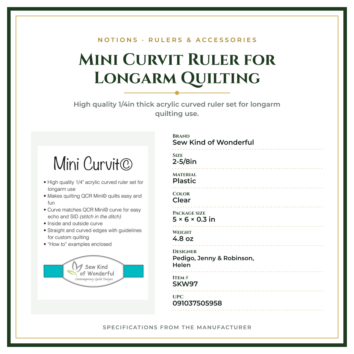 Product Specifications – Mini Curvit Ruler for Longarm Quilting