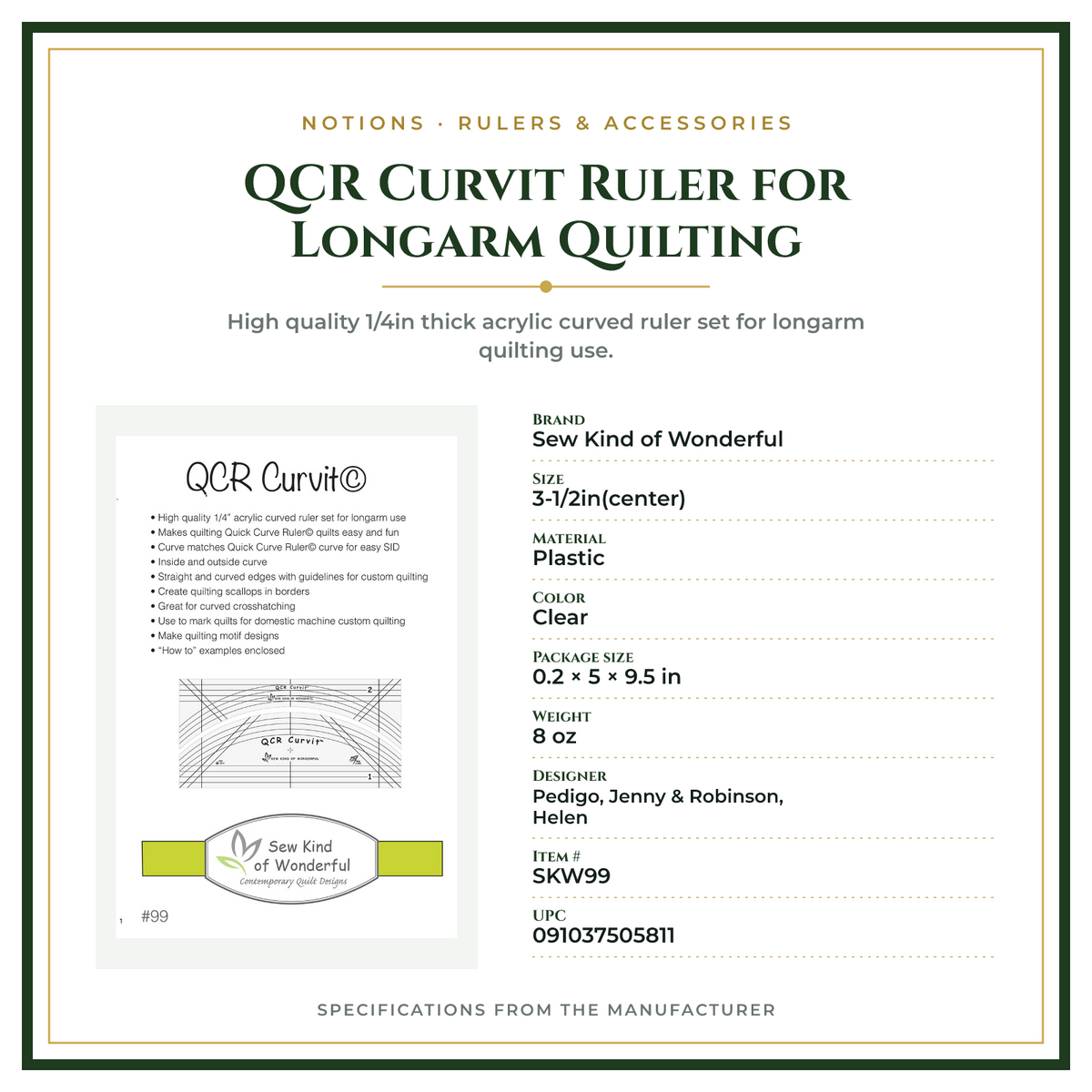 Product Specifications – QCR Curvit Ruler for Longarm Quilting