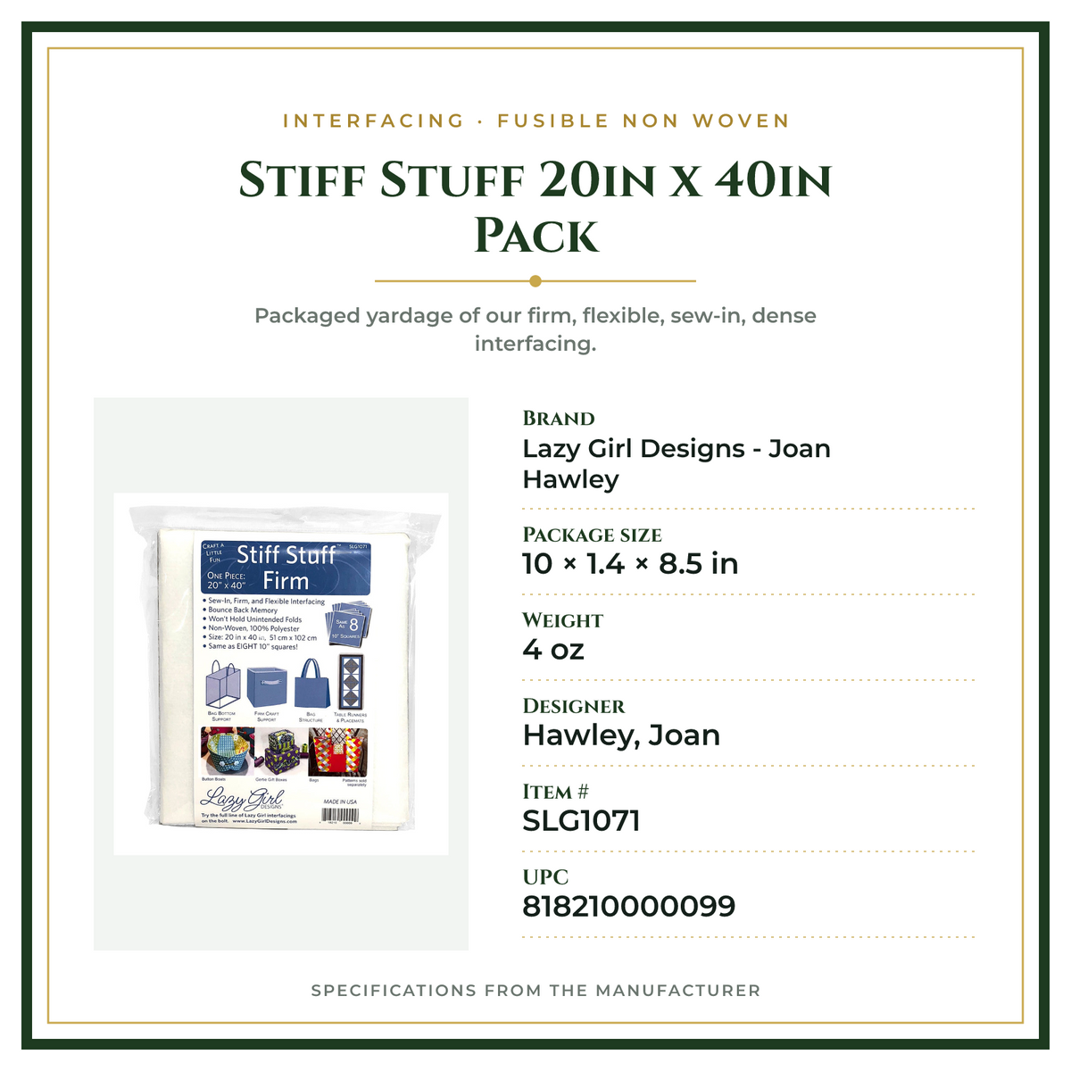 Product Specifications – Stiff Stuff 20in x 40in Pack