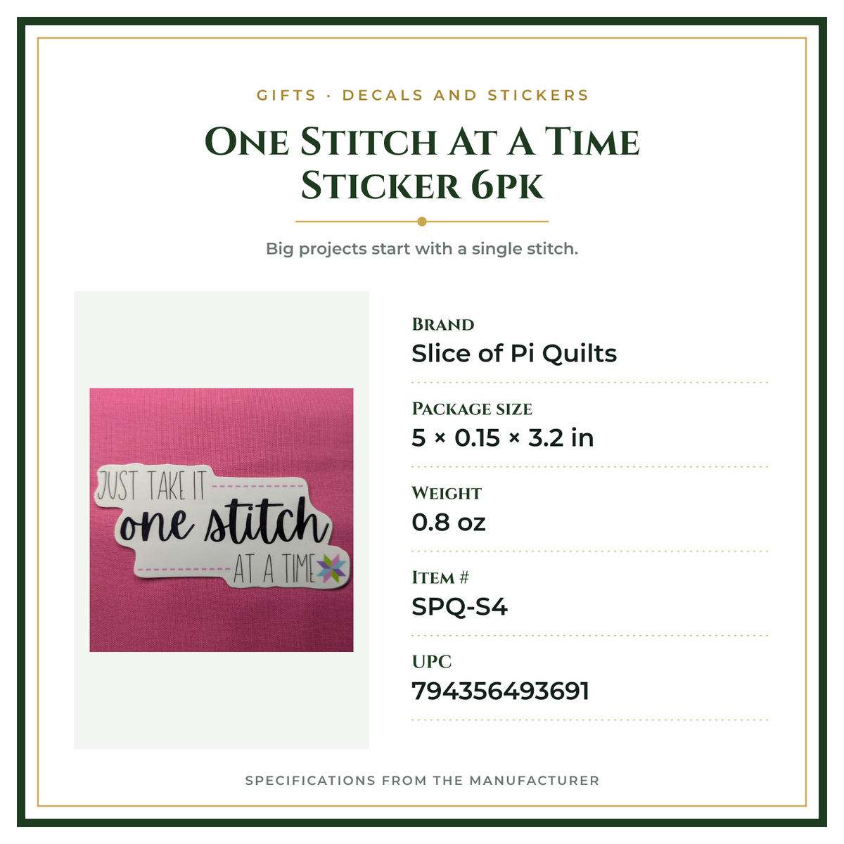 Product Specifications – One Stitch At A Time Sticker 6pk