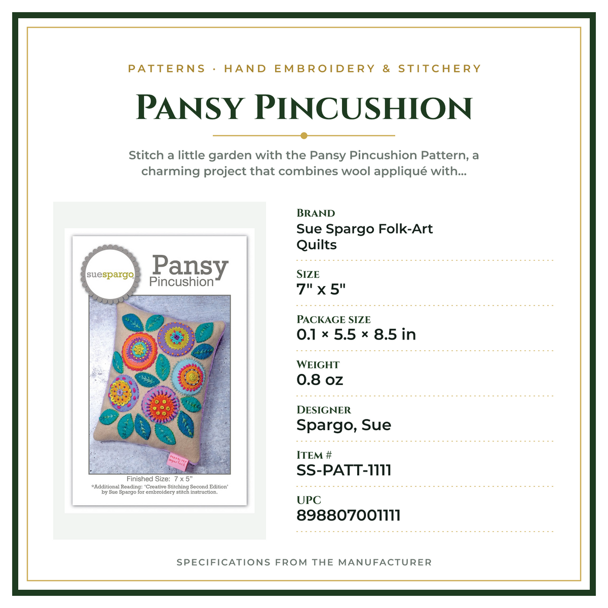 Product Specifications – Pansy Pincushion
