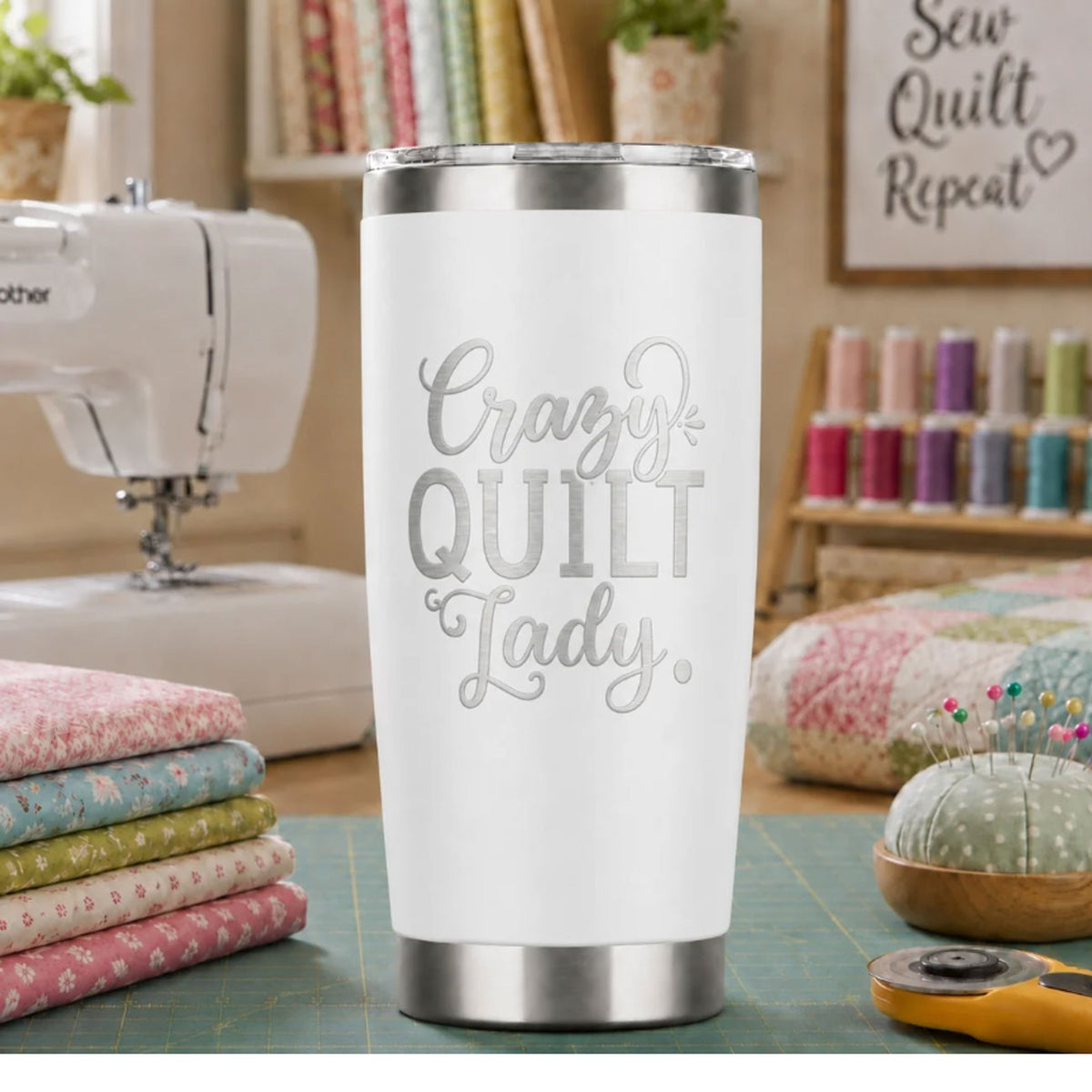 Crazy Quilt Lady White Stainless Steel Tumbler 20oz