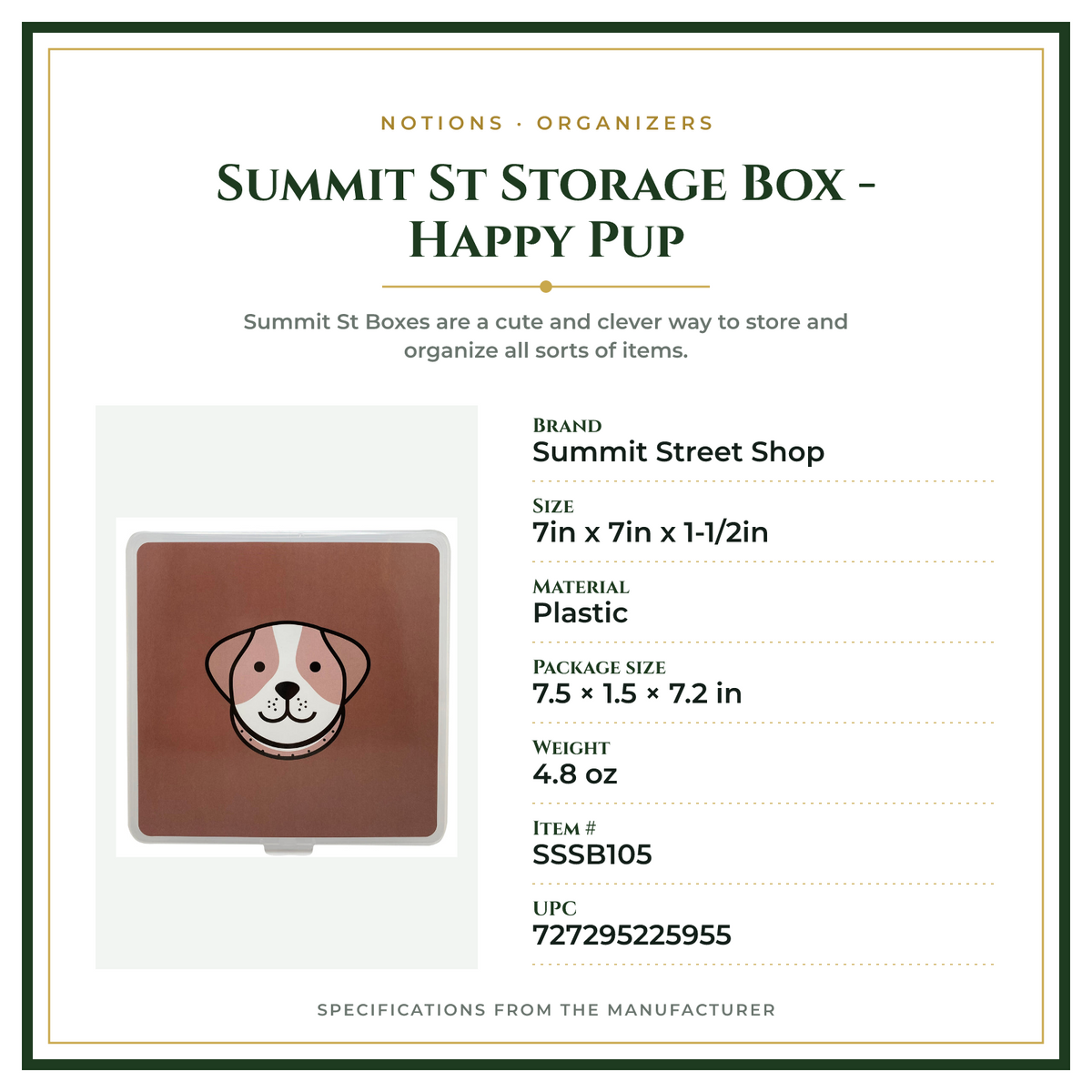 Product Specifications – Summit St Storage Box - Happy Pup
