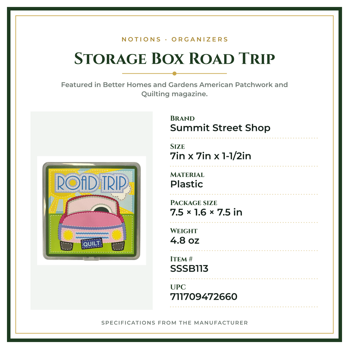 Product Specifications – Storage Box Road Trip