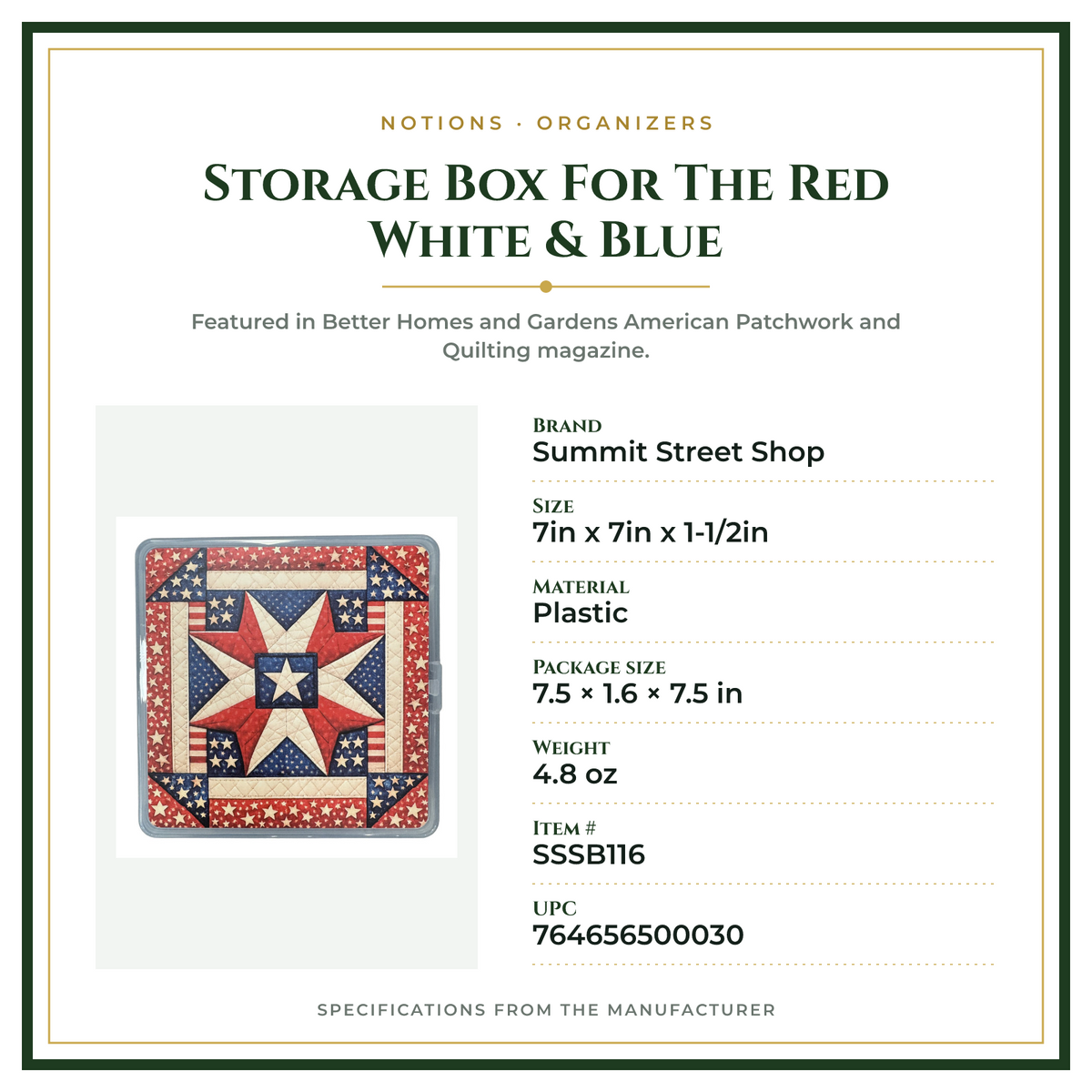 Product Specifications – Storage Box For The Red White & Blue