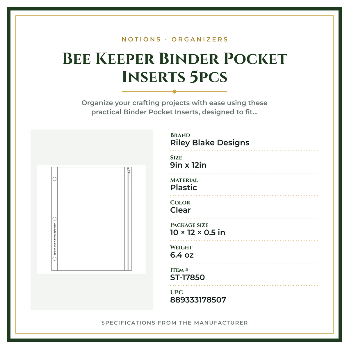 Product Specifications – Bee Keeper Binder Pocket Inserts 5pcs
