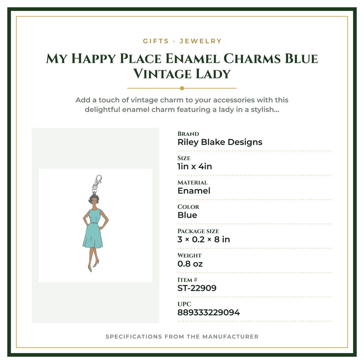 Product Specifications – My Happy Place Enamel Charms Blue Vintage Lady