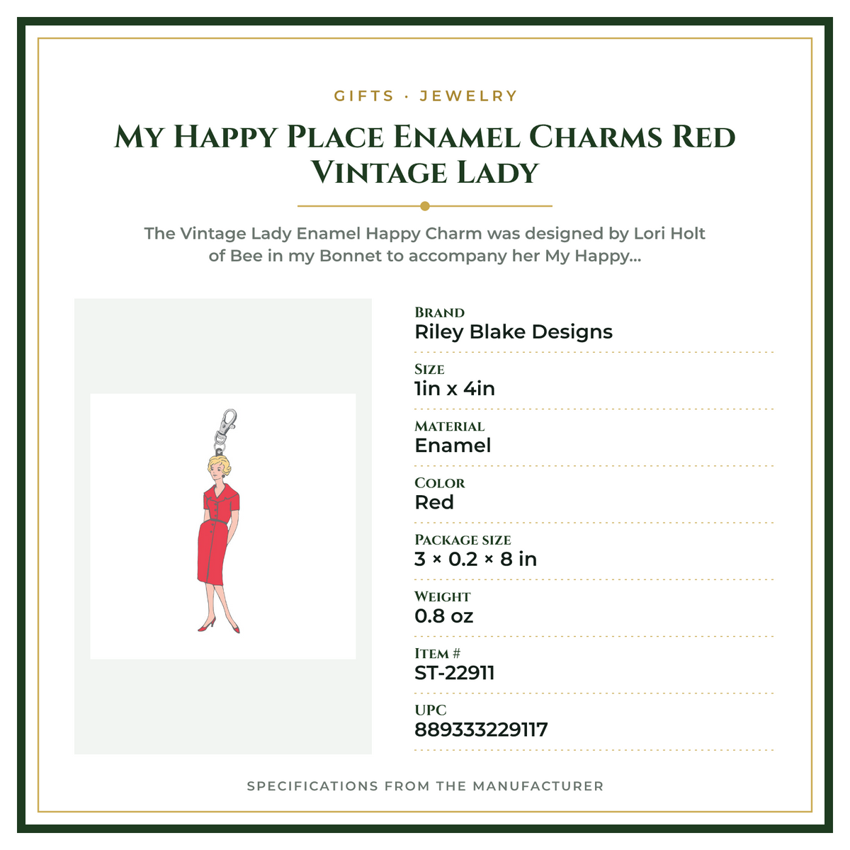 Product Specifications – My Happy Place Enamel Charms Red Vintage Lady