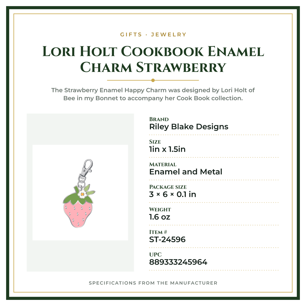 Product Specifications – Lori Holt Cookbook Enamel Charm Strawberry