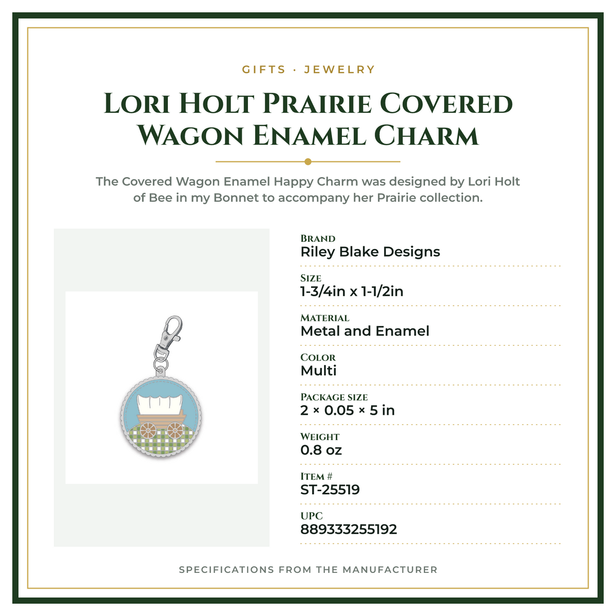 Product Specifications – Lori Holt Prairie Covered Wagon Enamel Charm