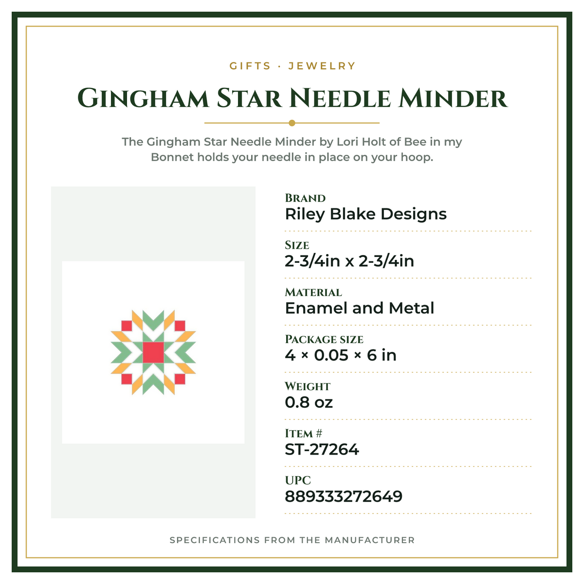 Product Specifications – Gingham Star Needle Minder