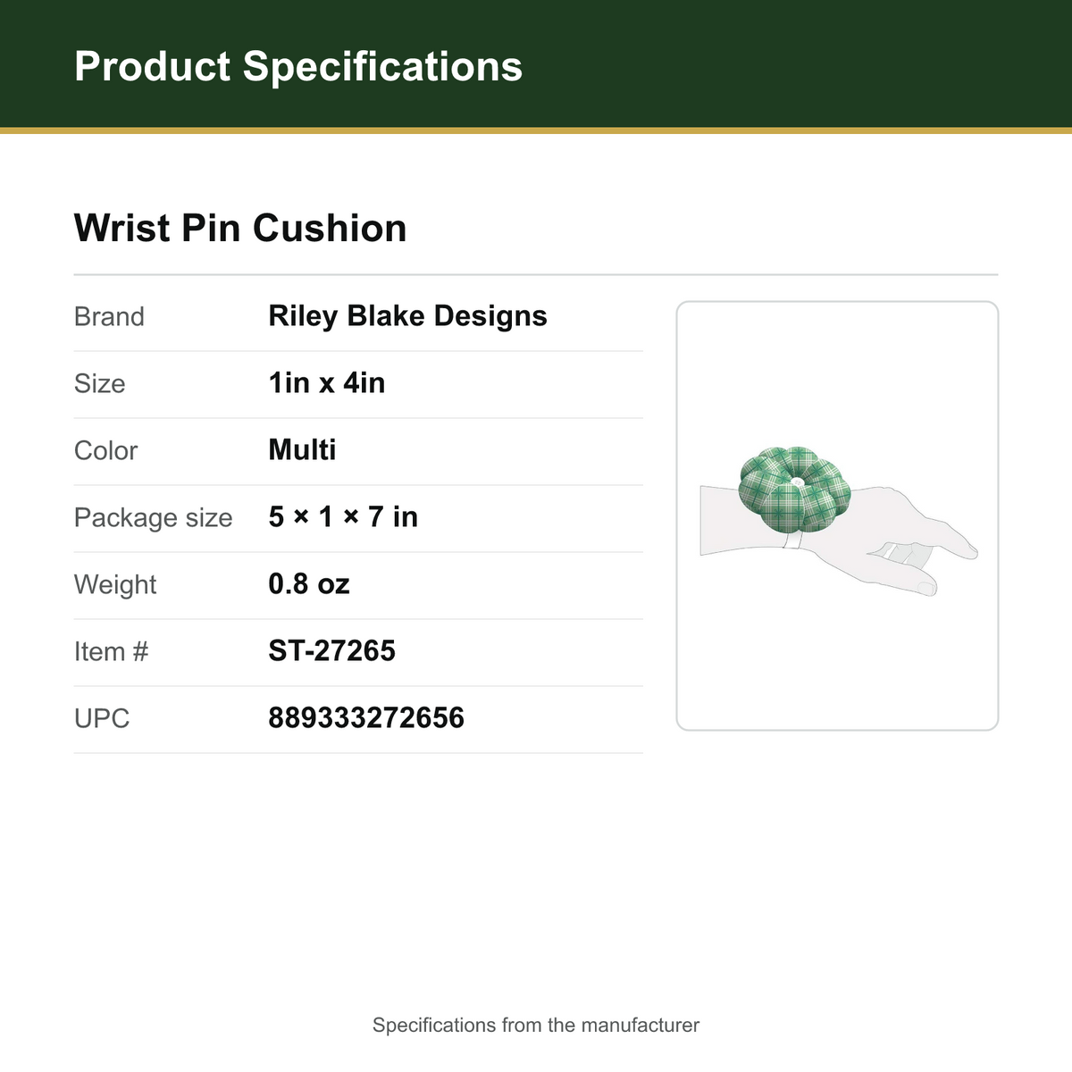 Product Specifications – Wrist Pin Cushion