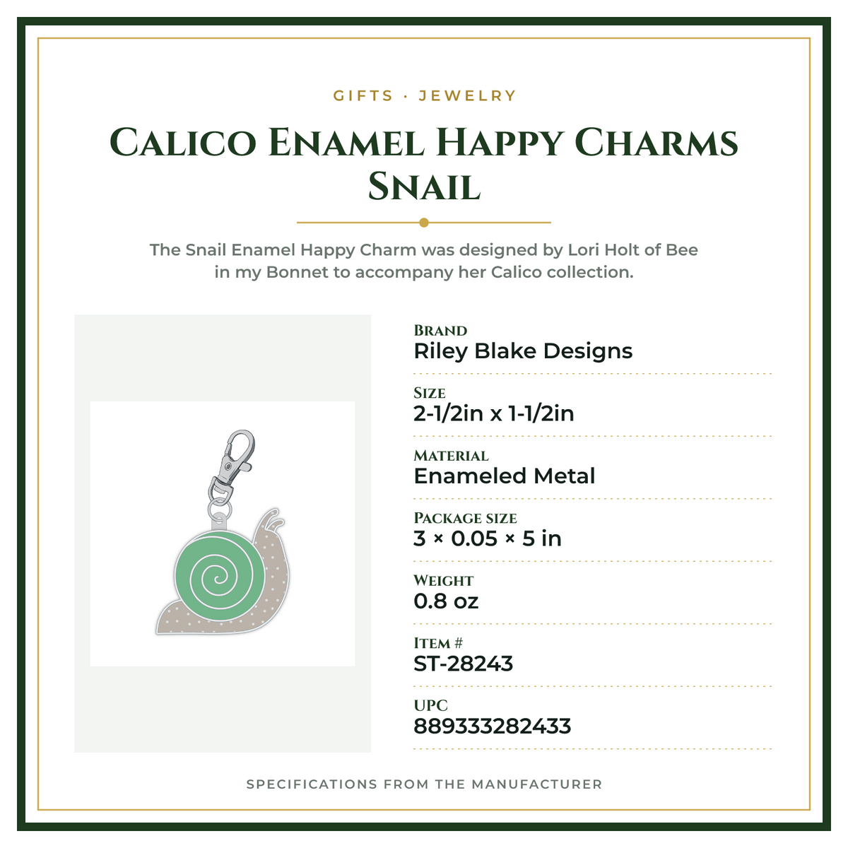 Product Specifications – Calico Enamel Happy Charms Snail