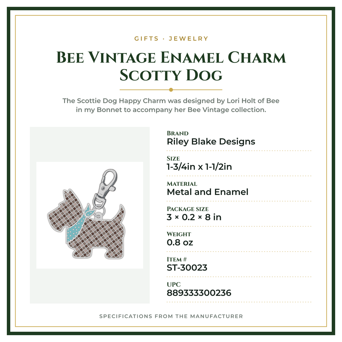 Product Specifications – Bee Vintage Enamel Charm Scotty Dog