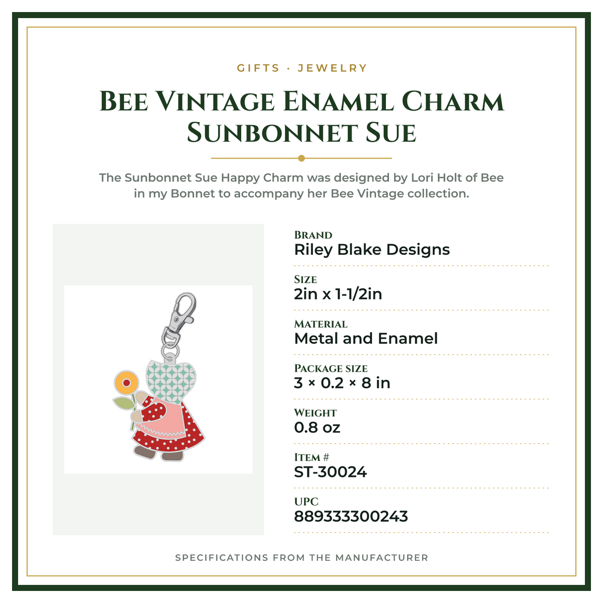 Product Specifications – Bee Vintage Enamel Charm Sunbonnet Sue