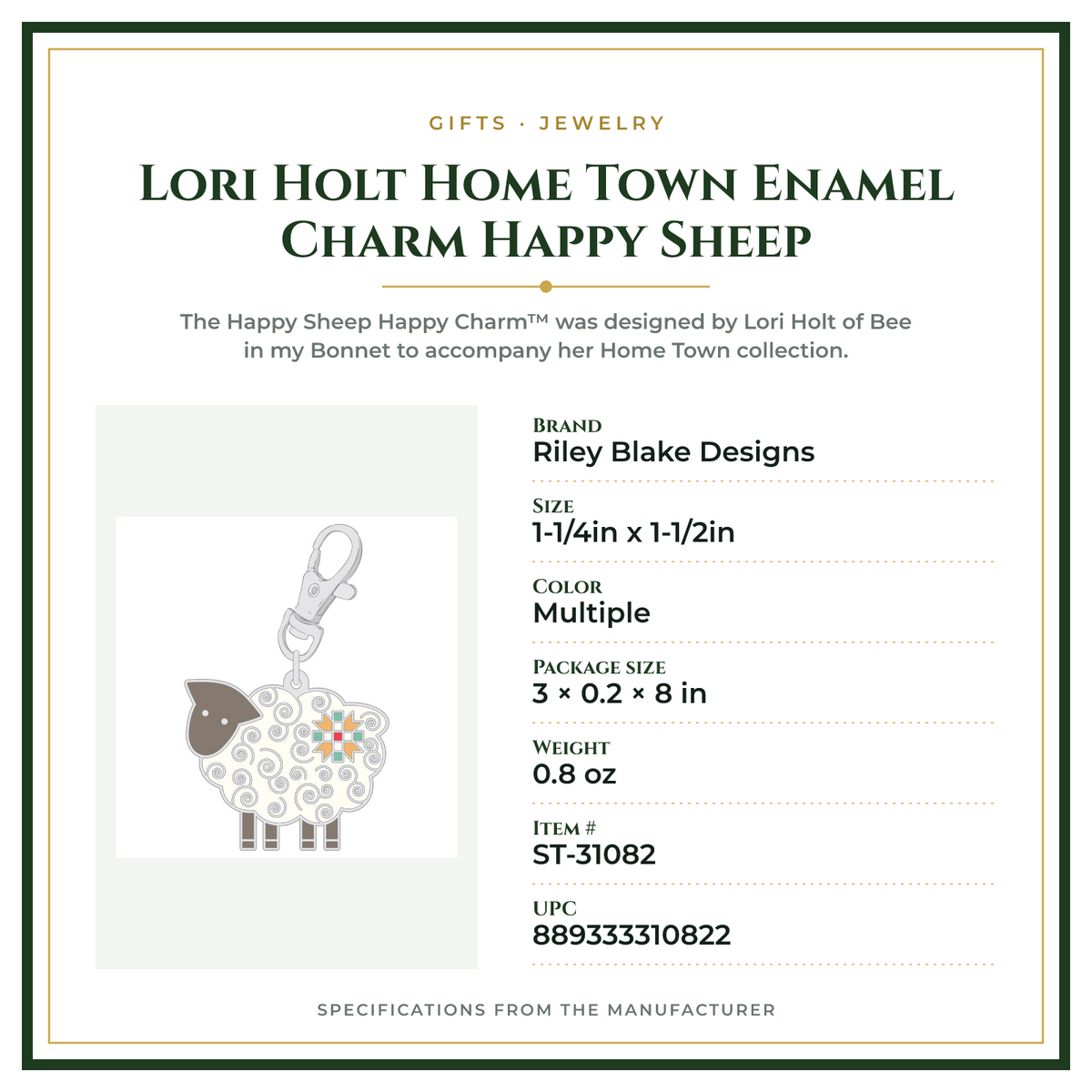 Product Specifications – Lori Holt Home Town Enamel Charm Happy Sheep