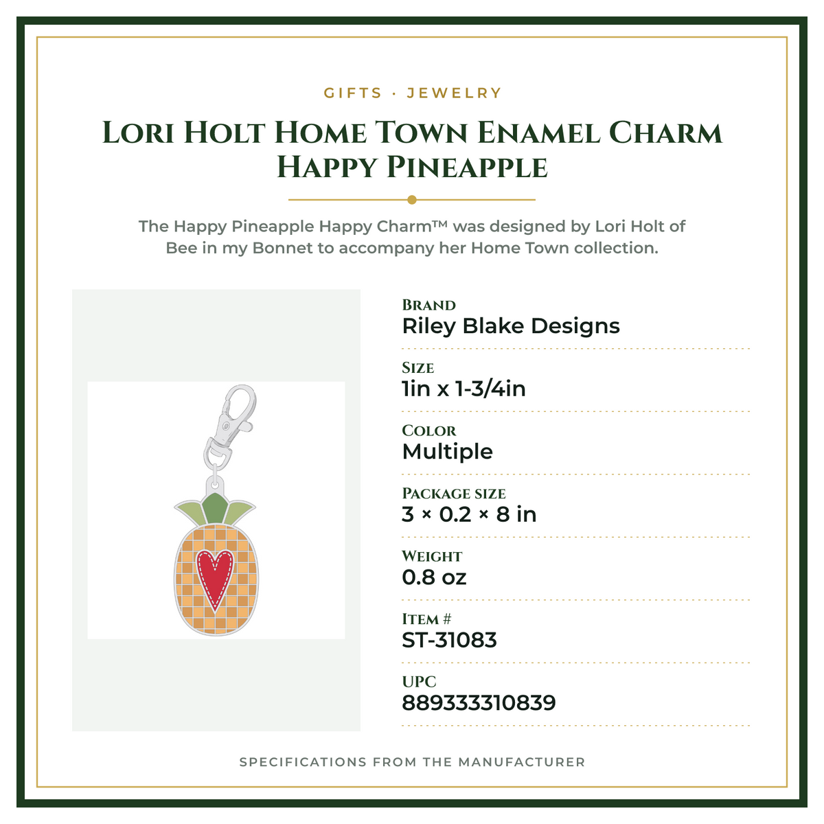 Product Specifications – Lori Holt Home Town Enamel Charm Happy Pineapple