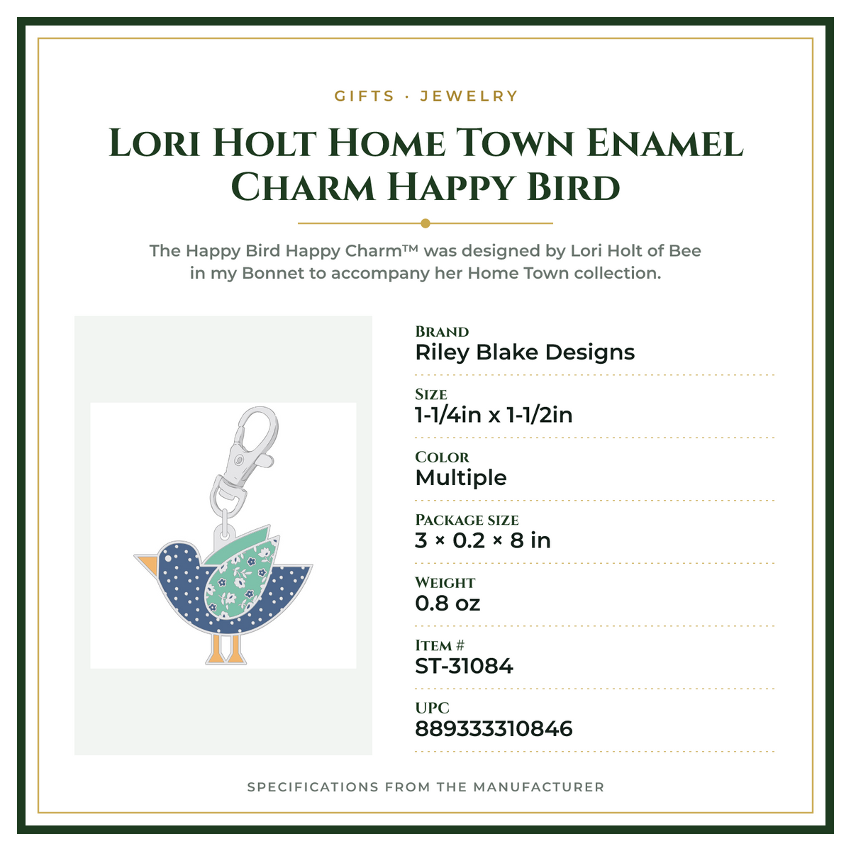 Product Specifications – Lori Holt Home Town Enamel Charm Happy Bird