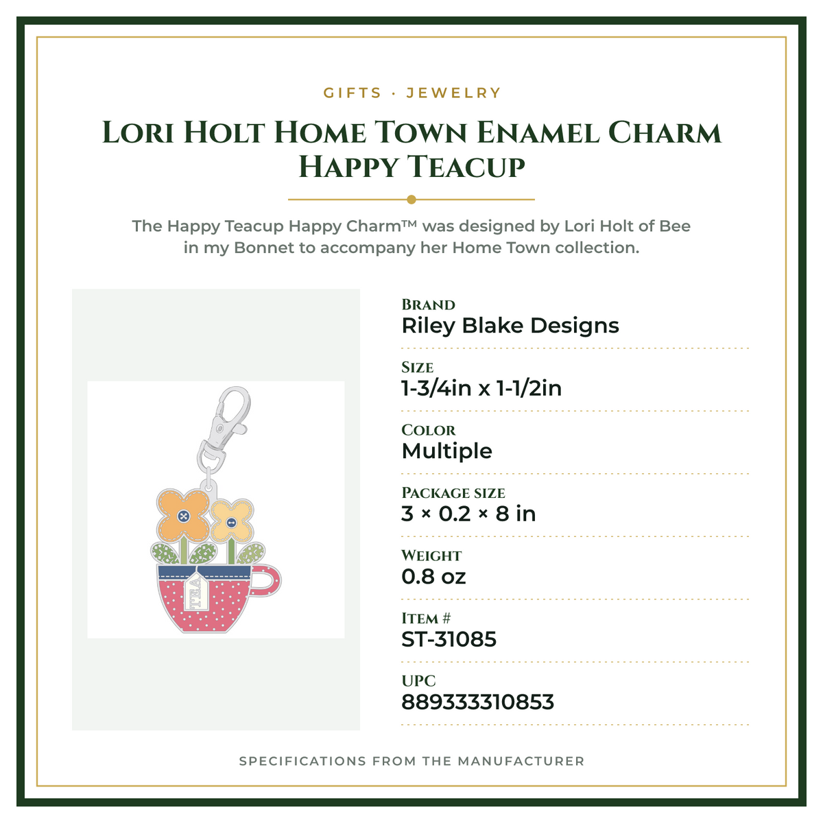 Product Specifications – Lori Holt Home Town Enamel Charm Happy Teacup
