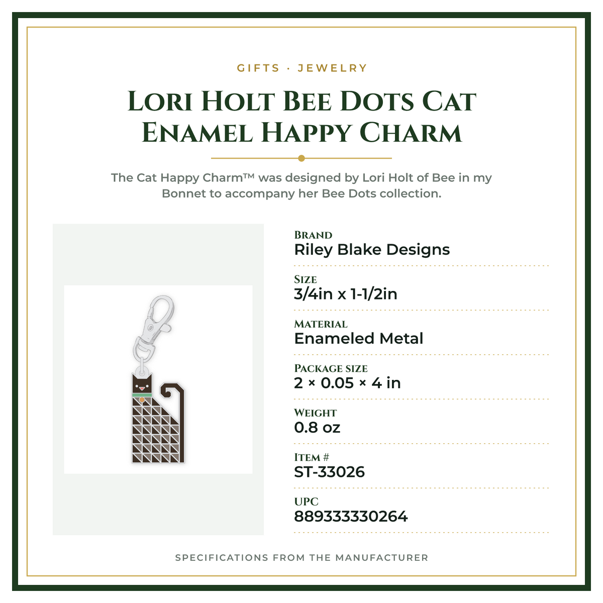 Product Specifications – Lori Holt Bee Dots Cat Enamel Happy Charm