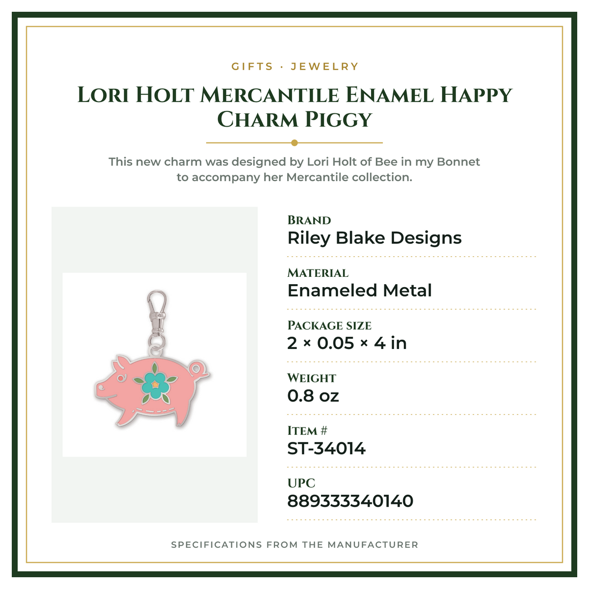 Product Specifications – Lori Holt Mercantile Enamel Happy Charm Piggy
