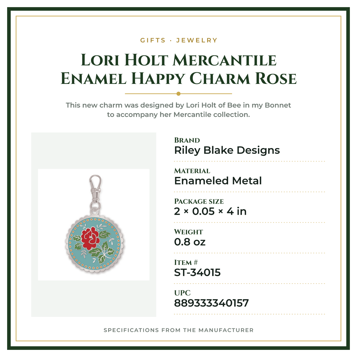 Product Specifications – Lori Holt Mercantile Enamel Happy Charm Rose