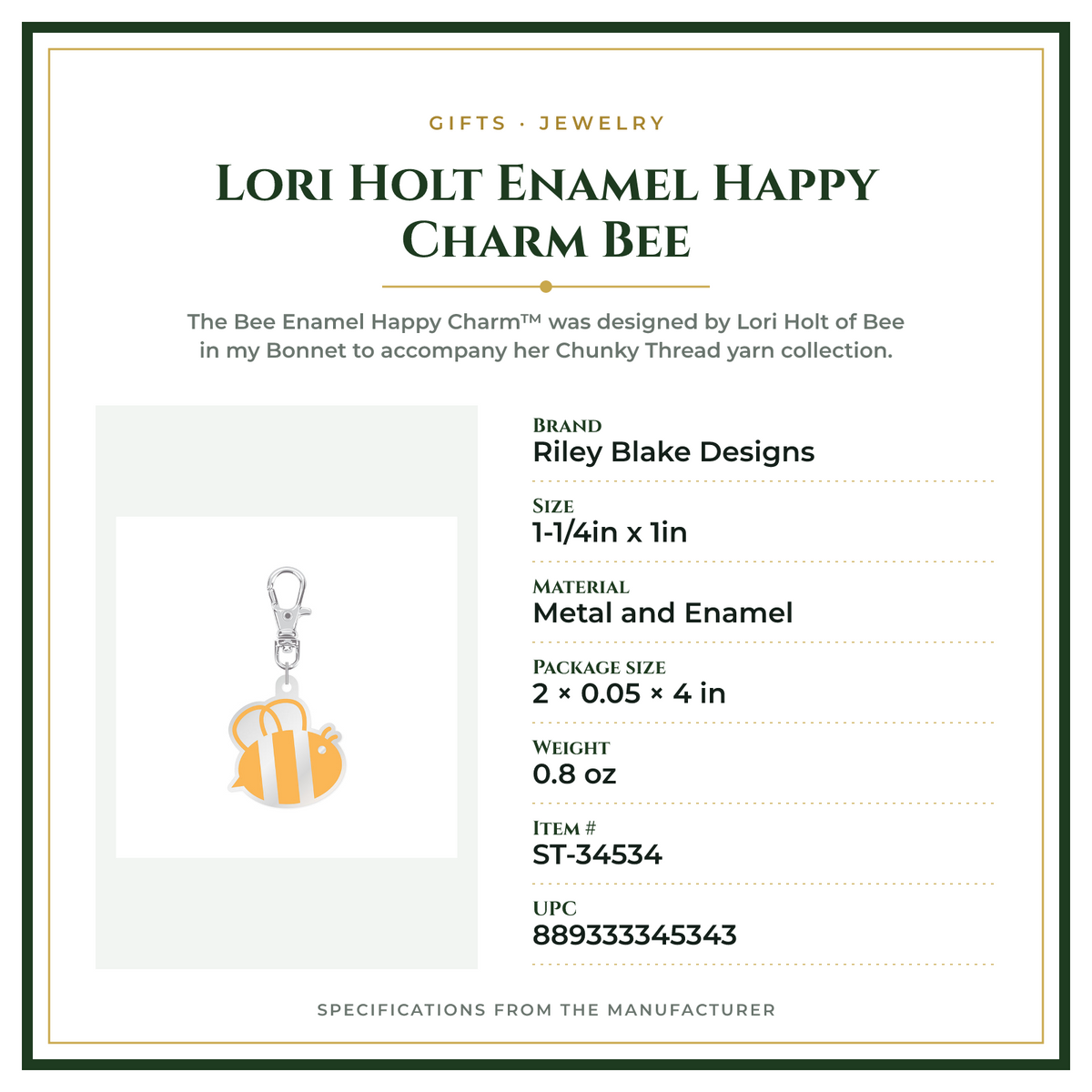 Product Specifications – Lori Holt Enamel Happy Charm Bee