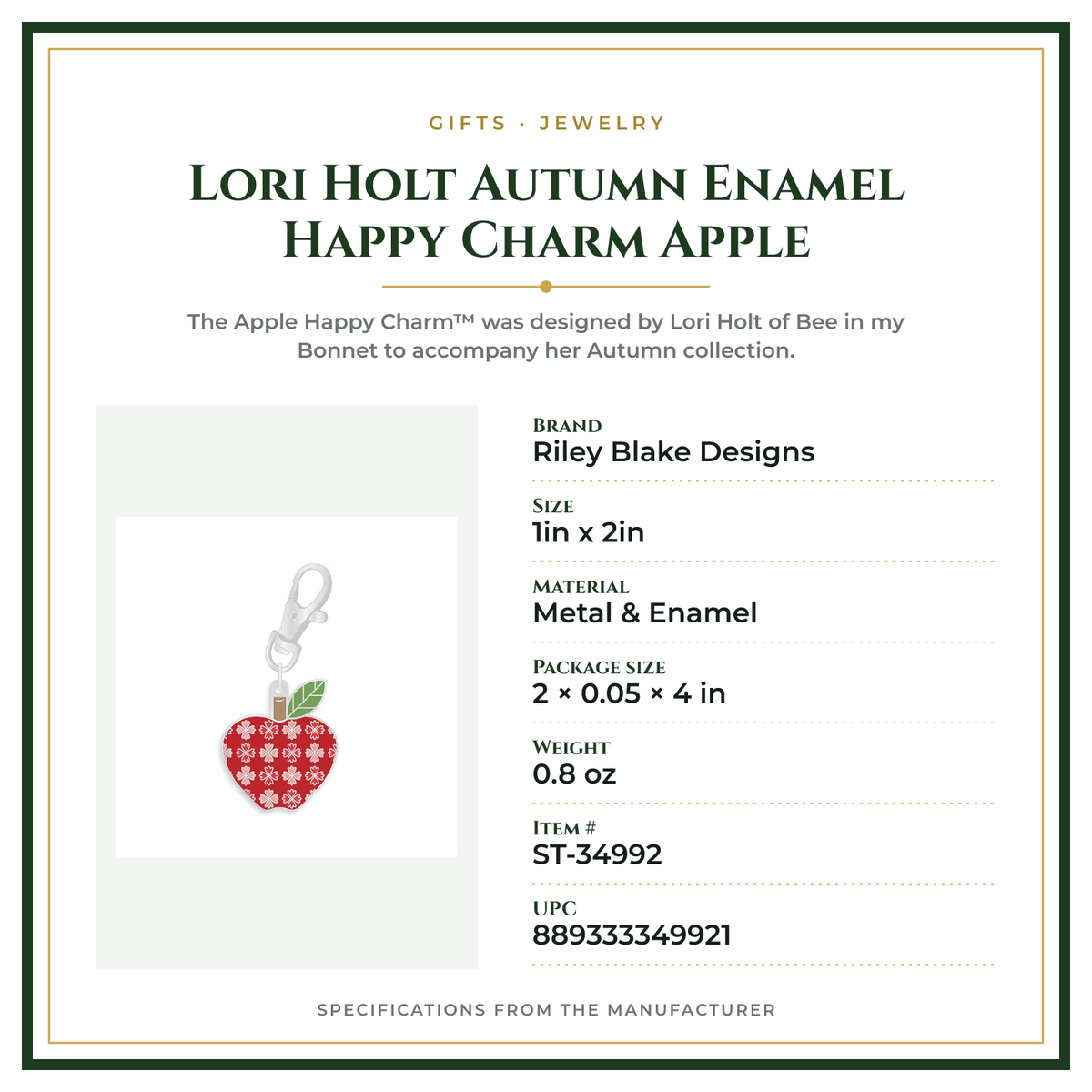 Product Specifications – Lori Holt Autumn Enamel Happy Charm Apple