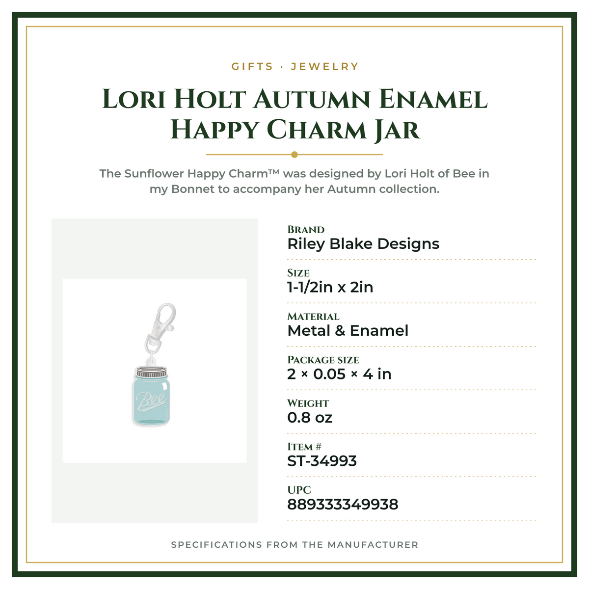 Product Specifications – Lori Holt Autumn Enamel Happy Charm Jar