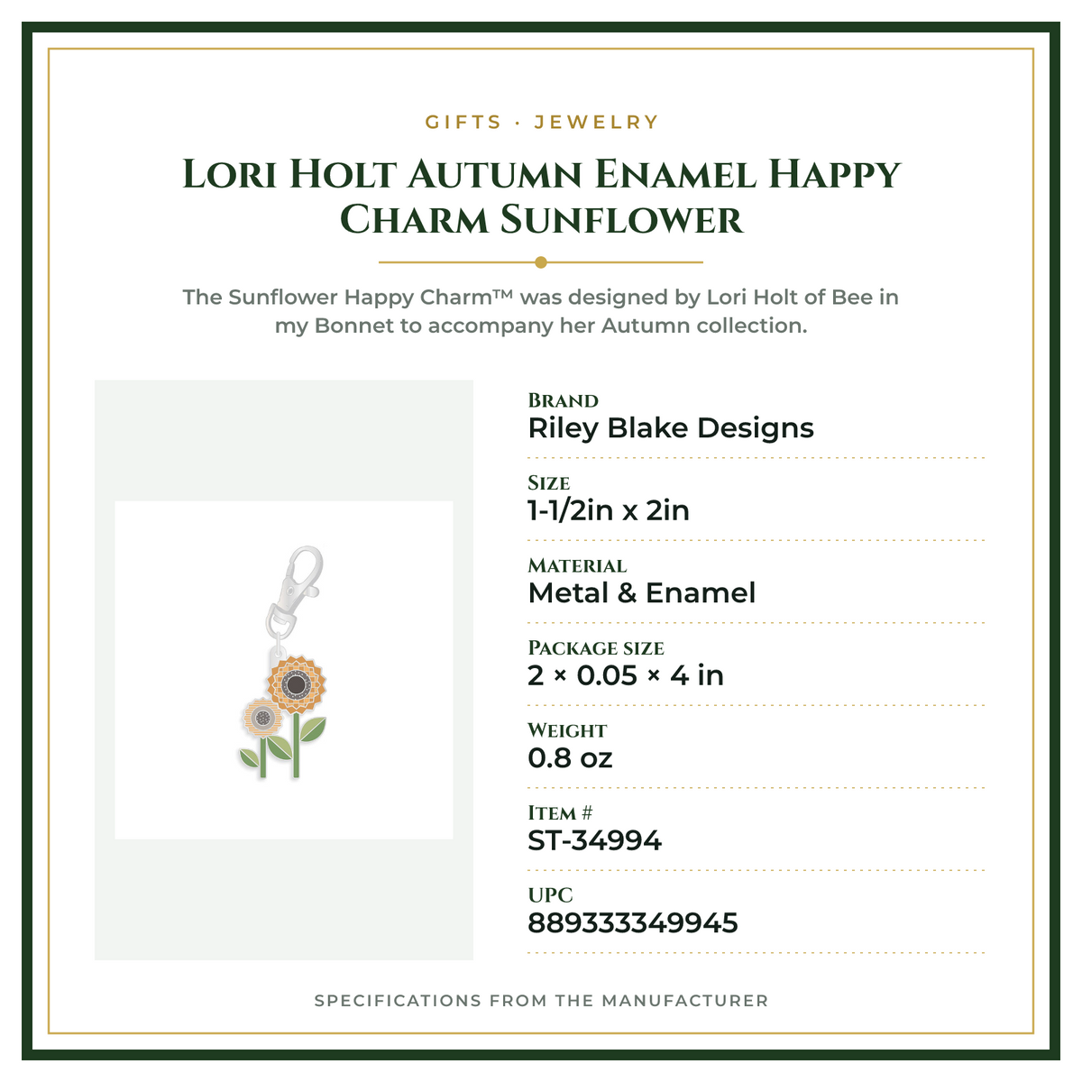 Product Specifications – Lori Holt Autumn Enamel Happy Charm Sunflower