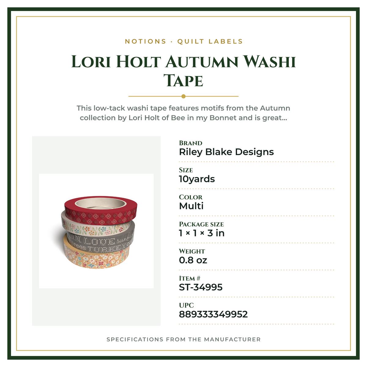 Product Specifications – Lori Holt Autumn Washi Tape