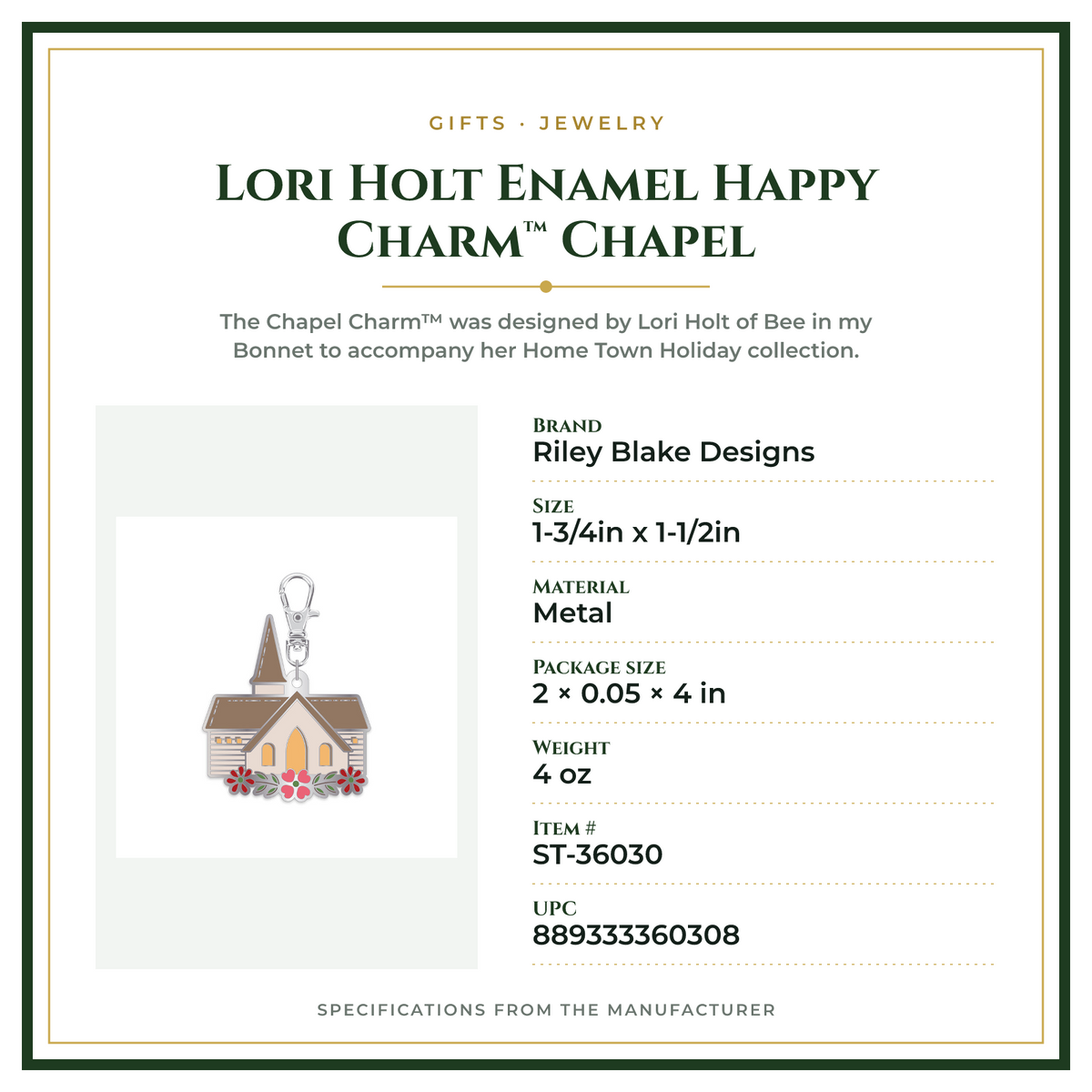 Product Specifications – Lori Holt Enamel Happy Charm™ Chapel