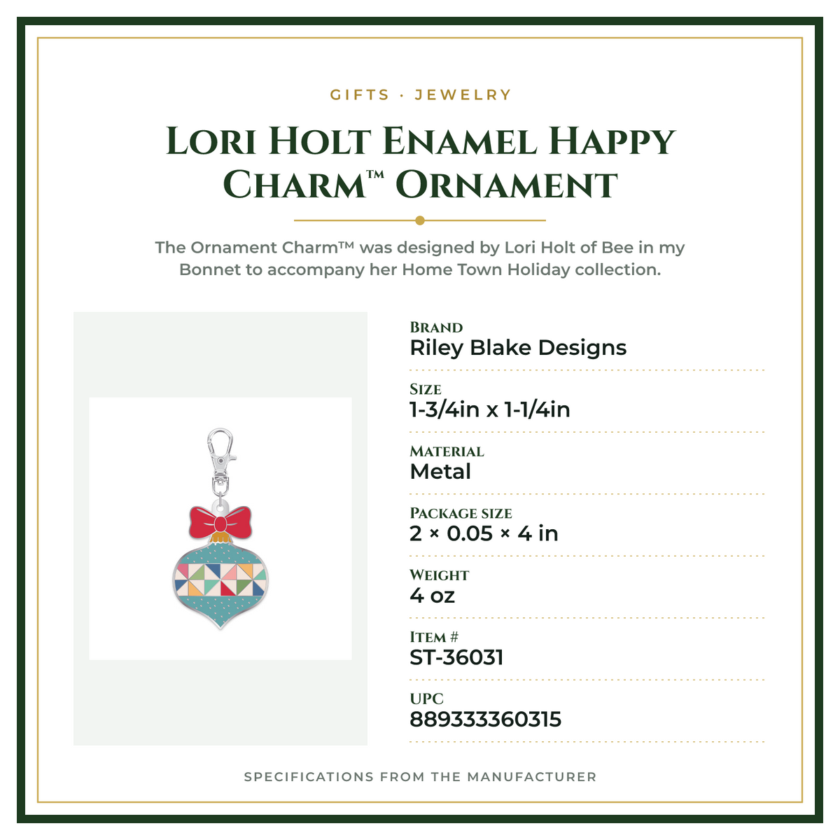 Product Specifications – Lori Holt Enamel Happy Charm™ Ornament