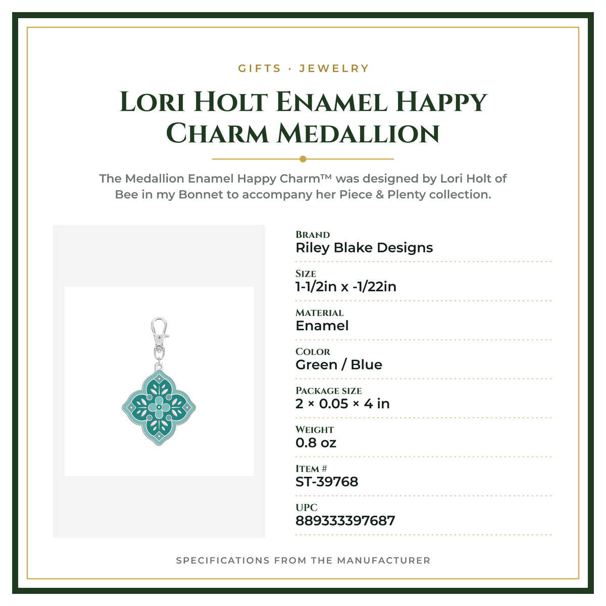Product Specifications – Lori Holt Enamel Happy Charm Medallion