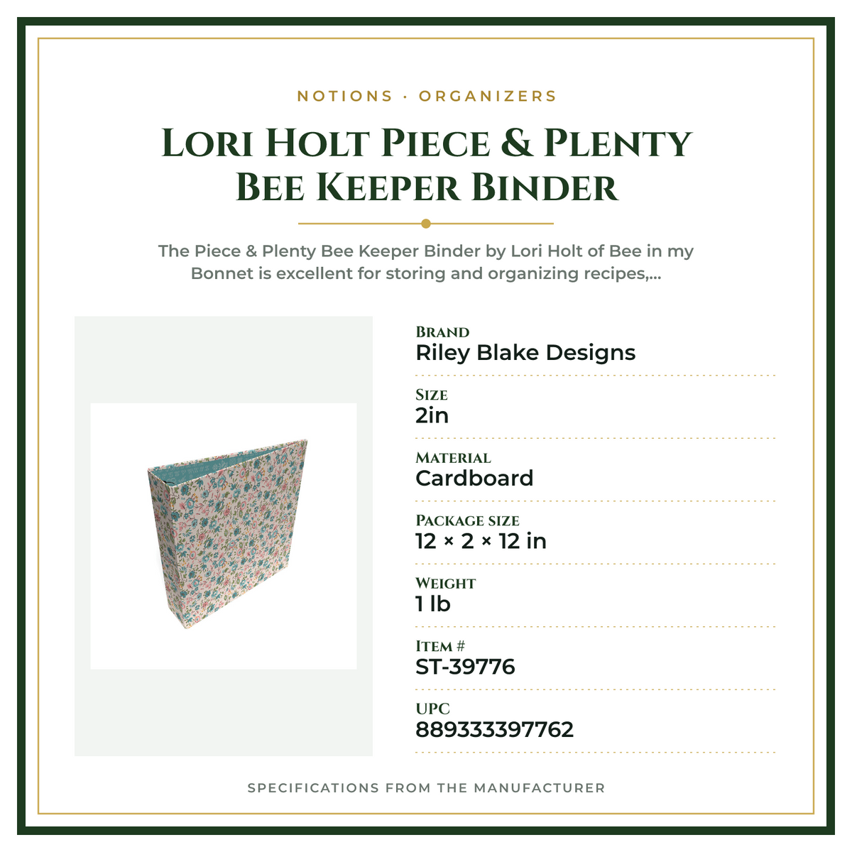 Product Specifications – Lori Holt Piece & Plenty Bee Keeper Binder