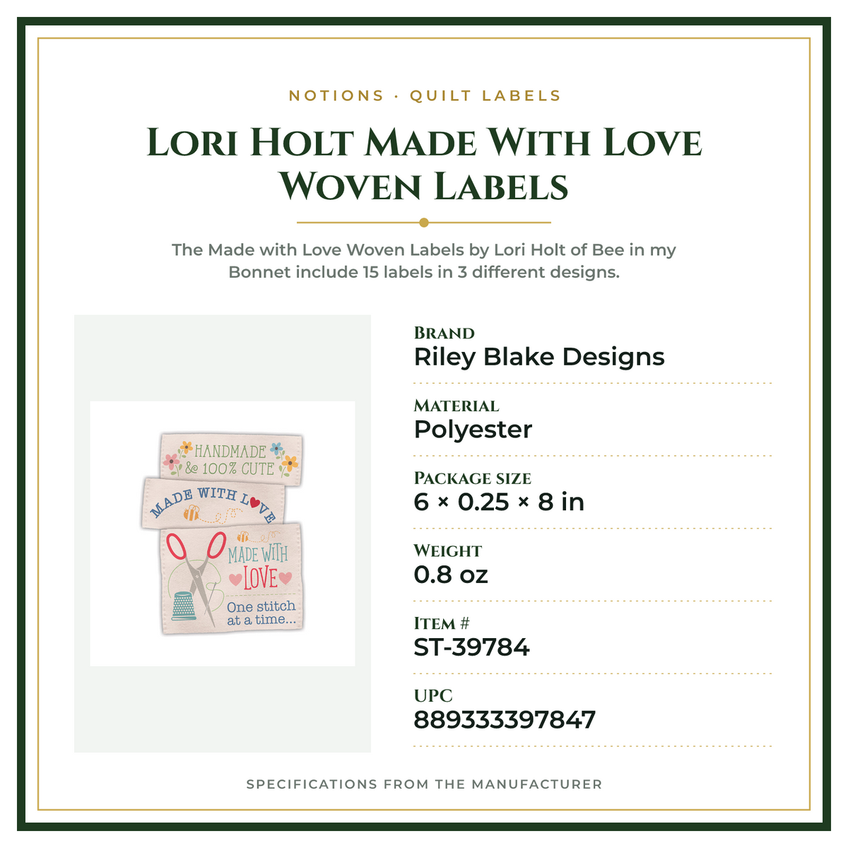 Product Specifications – Lori Holt Made With Love Woven Labels