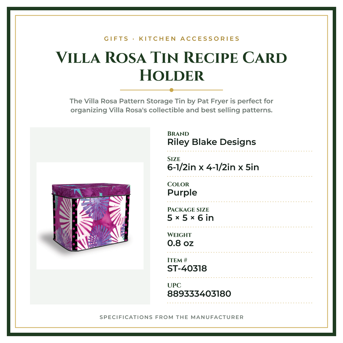 Product Specifications – Villa Rosa Tin Recipe Card Holder