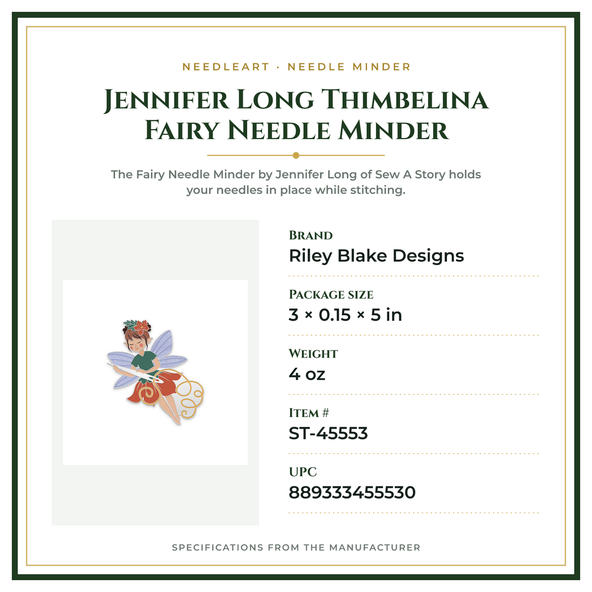 Product Specifications – Jennifer Long Thimbelina Fairy Needle Minder