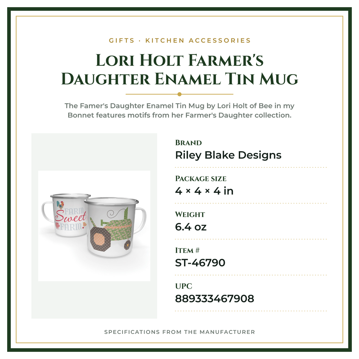 Product Specifications – Lori Holt Farmer's Daughter Enamel Tin Mug