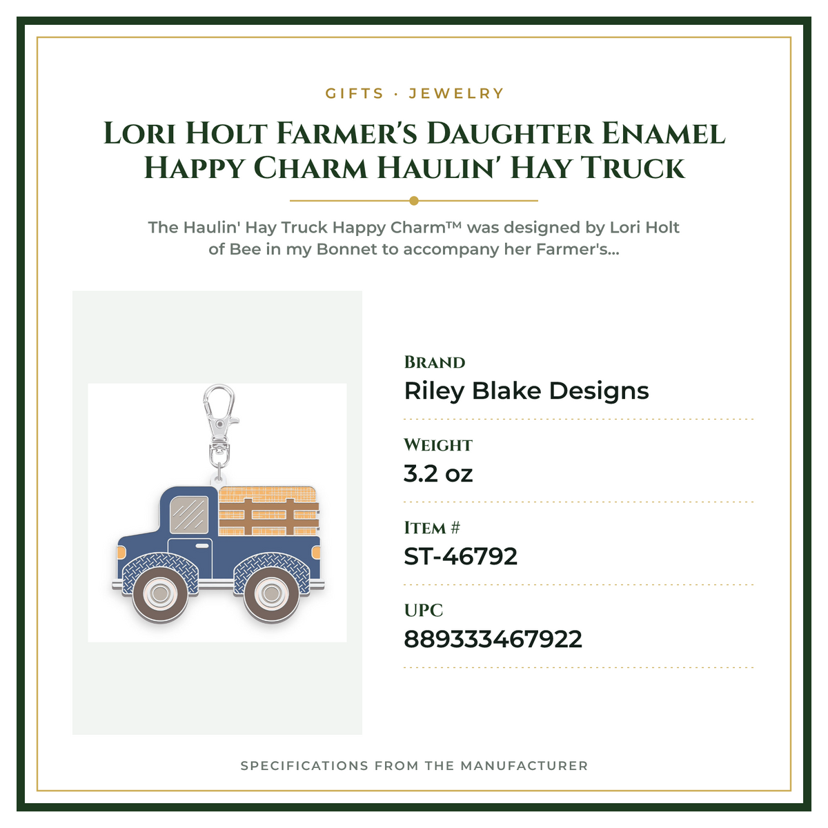 Product Specifications – Lori Holt Farmer's Daughter Enamel Happy Charm Haulin' Hay Truck