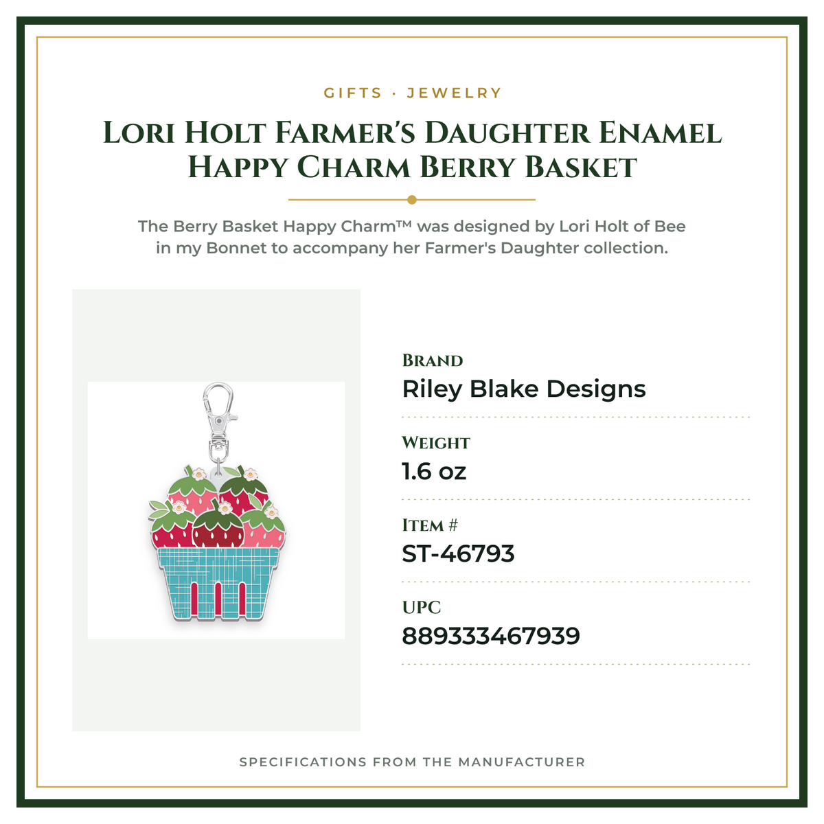 Product Specifications – Lori Holt Farmer's Daughter Enamel Happy Charm Berry Basket
