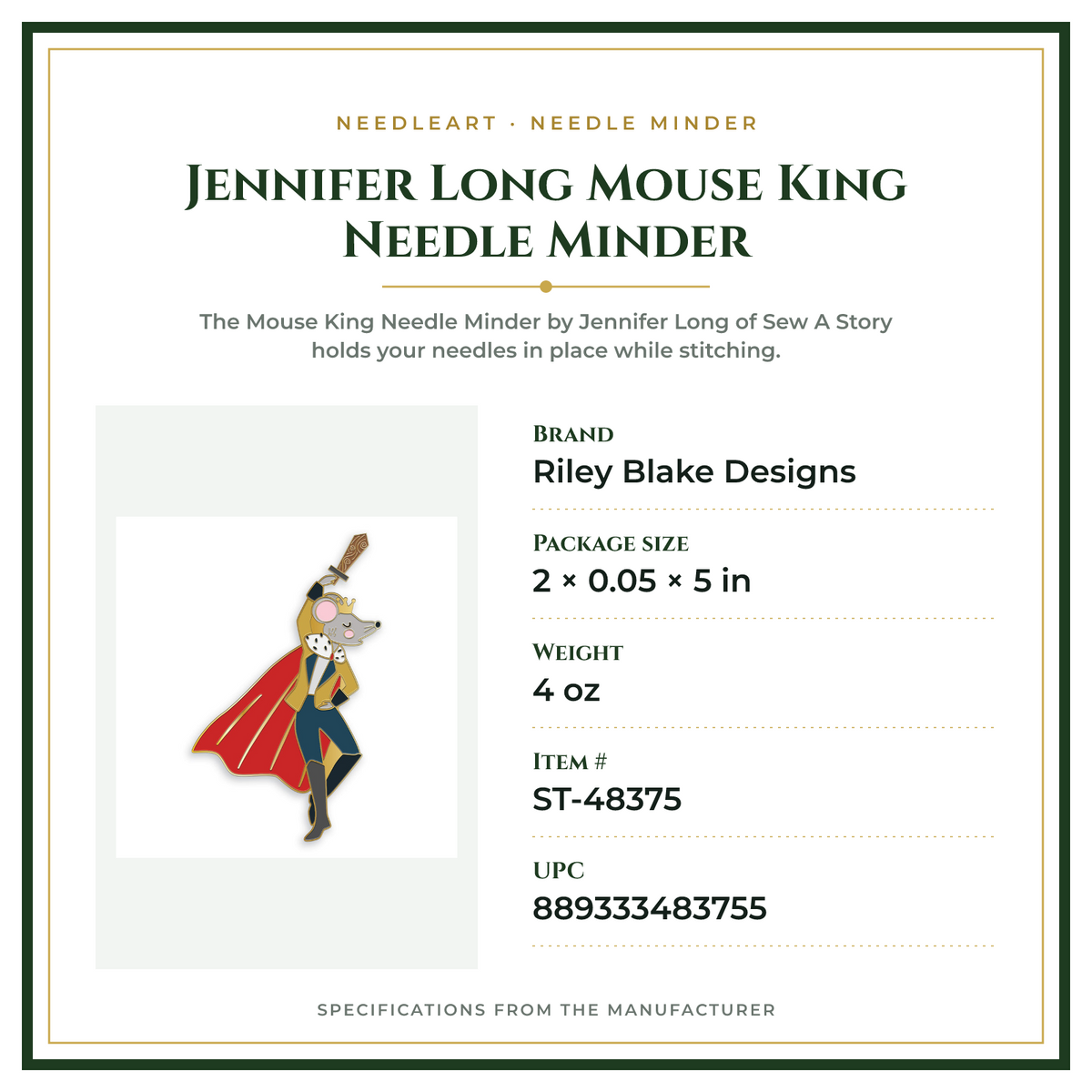 Product Specifications – Jennifer Long Mouse King Needle Minder
