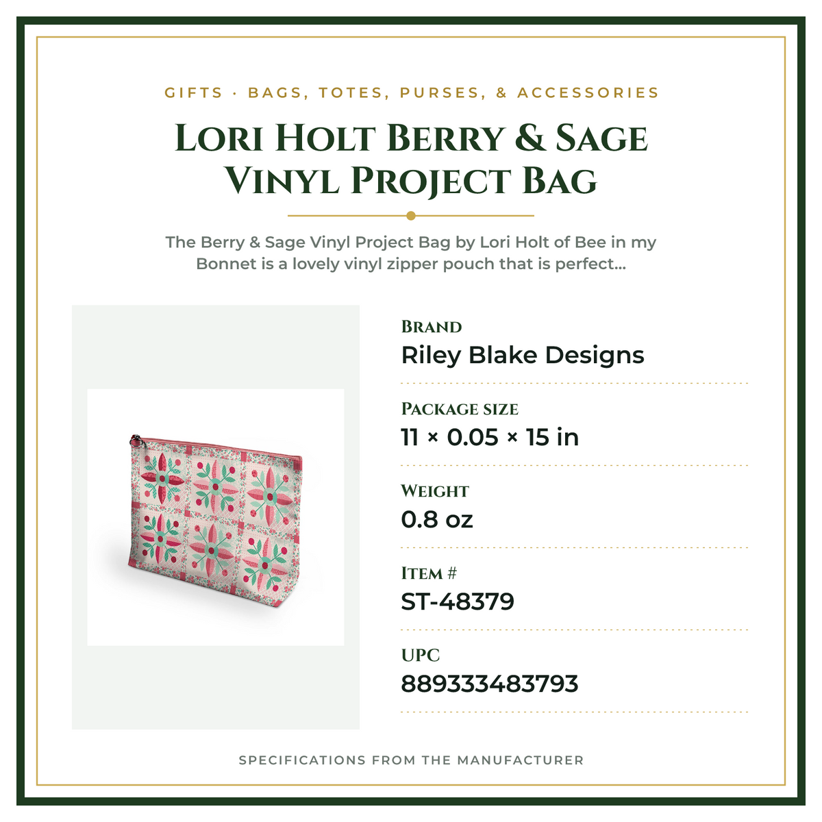 Product Specifications – Lori Holt Berry & Sage Vinyl Project Bag