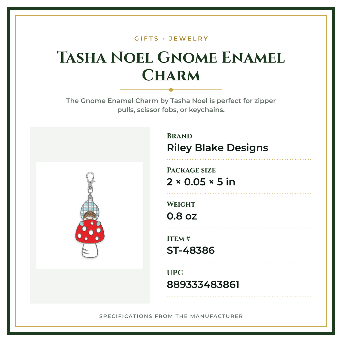 Product Specifications – Tasha Noel Gnome Enamel Charm