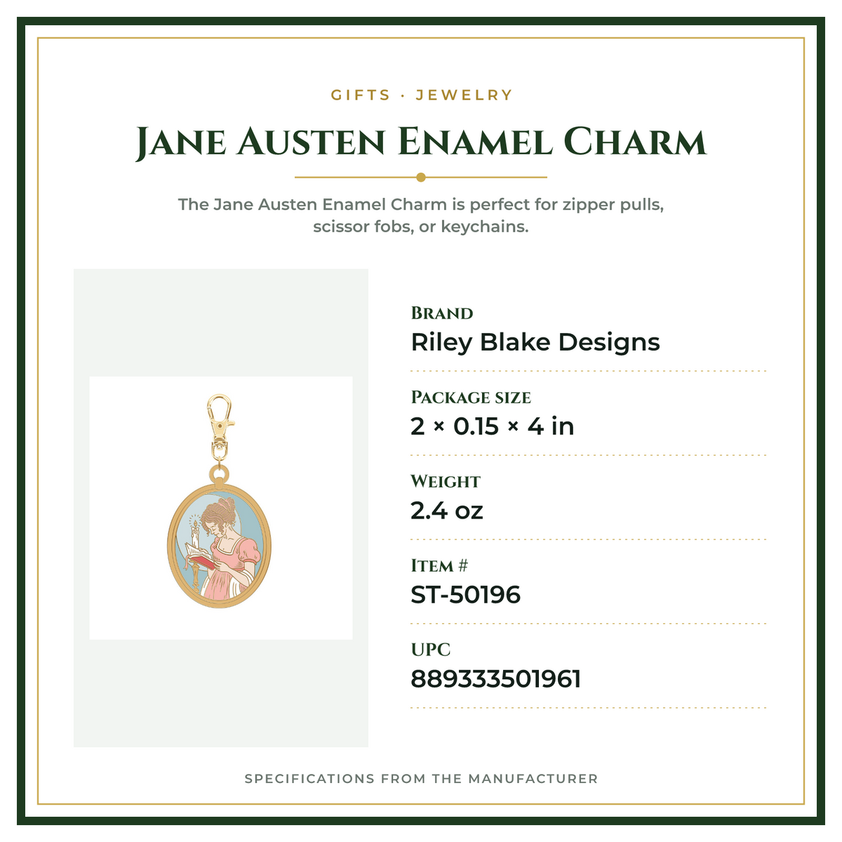 Product Specifications – Jane Austen Enamel Charm