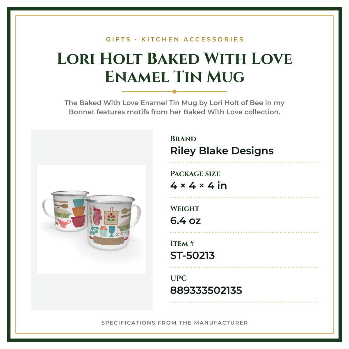 Product Specifications – Lori Holt Baked With Love Enamel Tin Mug
