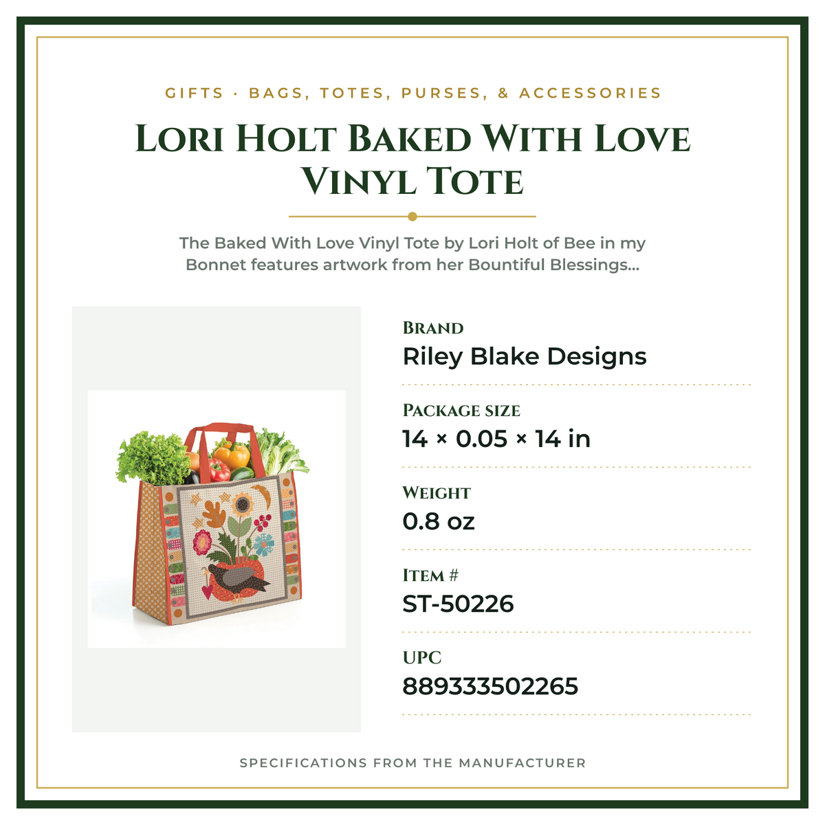 Product Specifications – Lori Holt Baked With Love Vinyl Tote